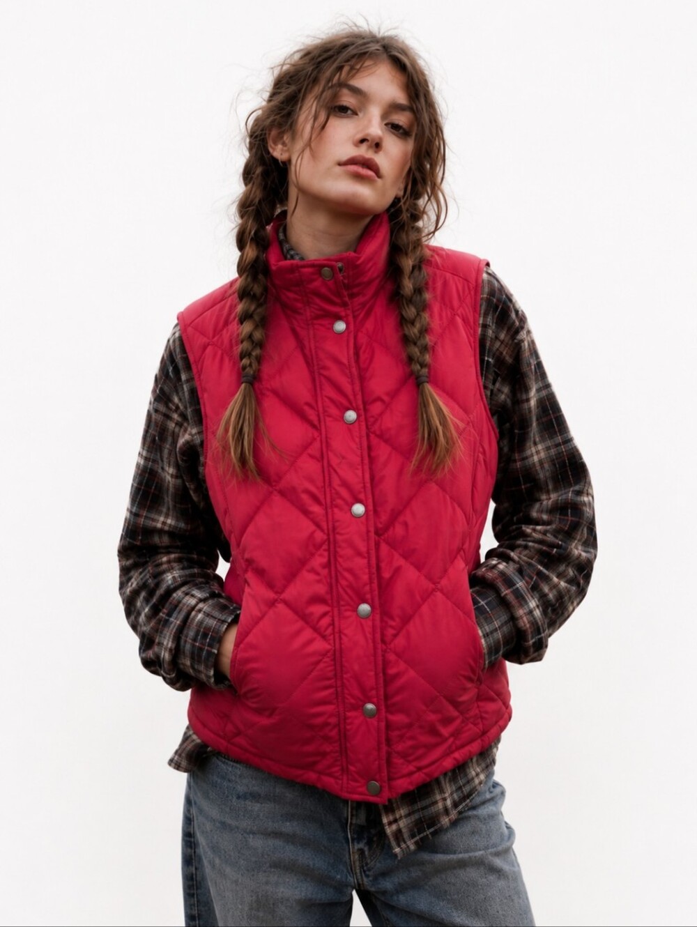 Lands End Red Down Filled Quilted Puffer Vest Snap Front Stand-Up Collar Sz S